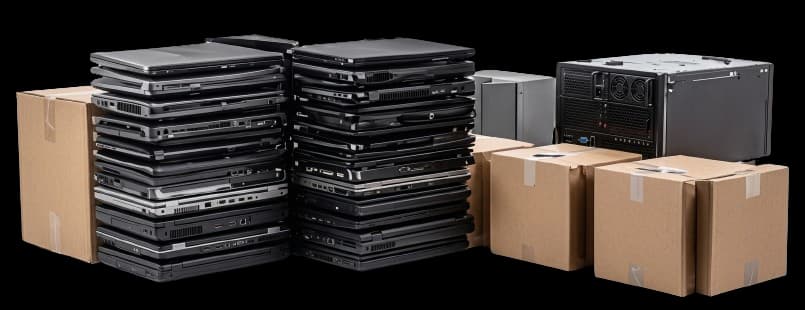 Stacks of laptops and boxes of wholesale IT stock