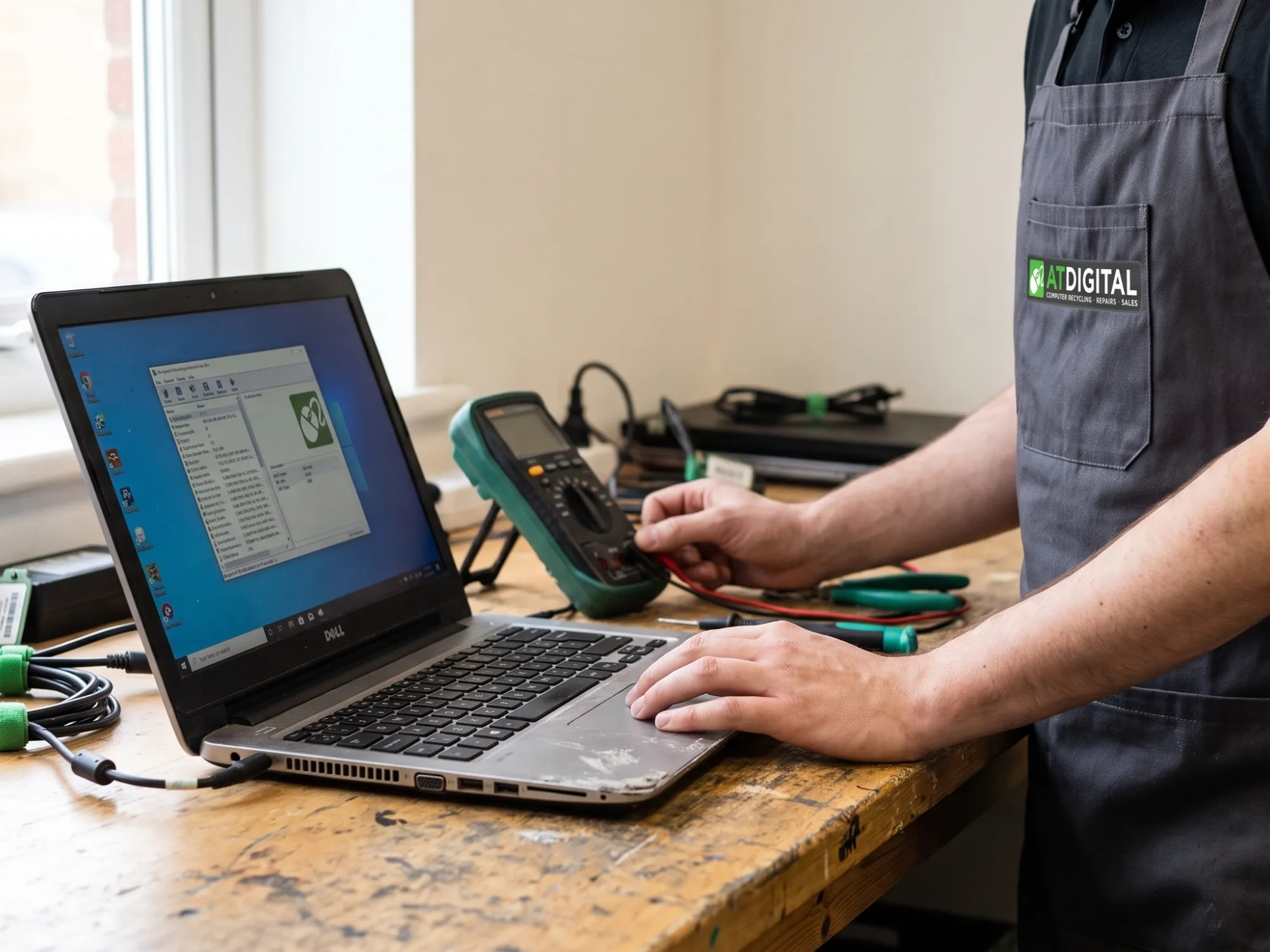 Technician testing a laptop at the bench