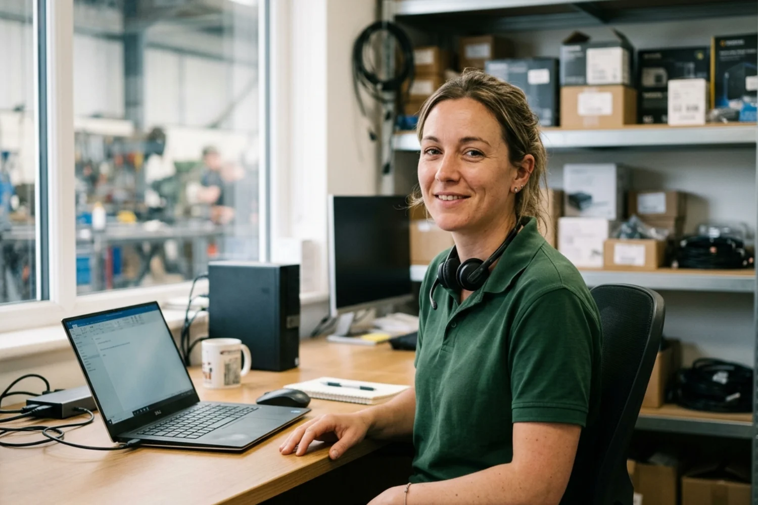 Smiling team member with a headset at a desk in the office beside the workshop