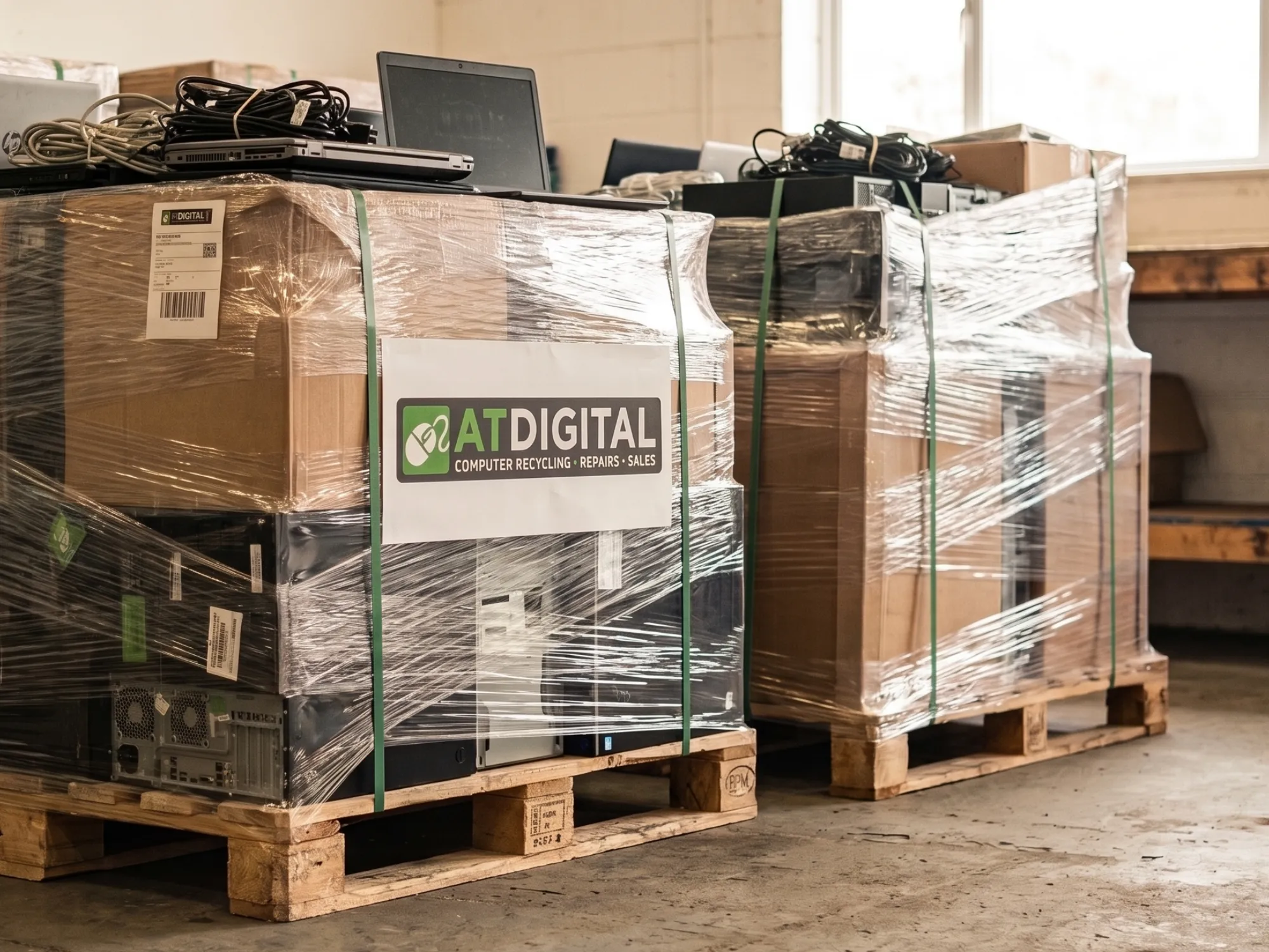 Pallets of sorted equipment, strapped and labelled