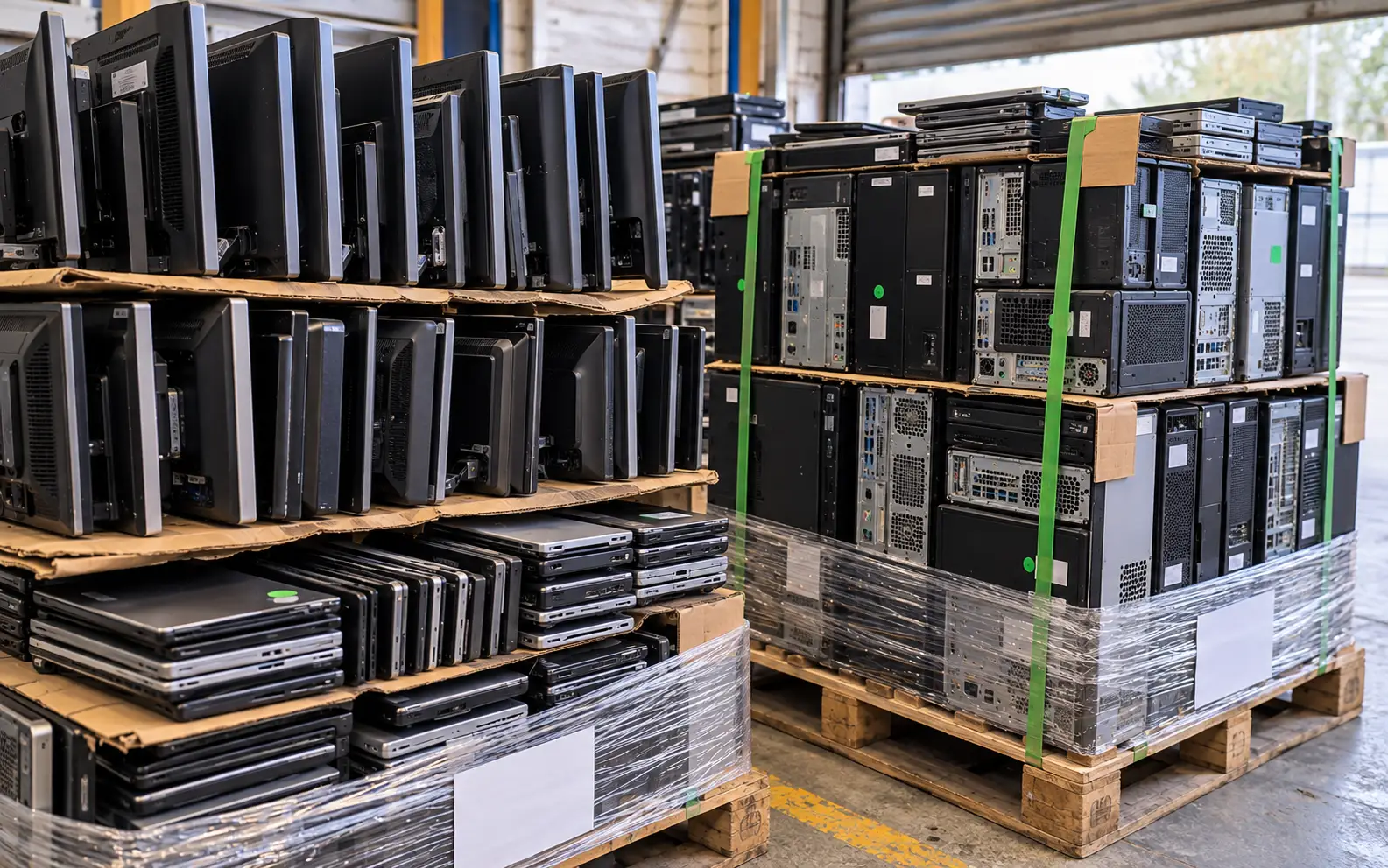 Shrink-wrapped pallets of sorted monitors, laptops and desktop towers in a loading bay