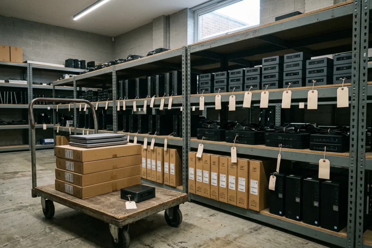 Council storeroom shelving of tagged mini PCs, docks and boxed monitors