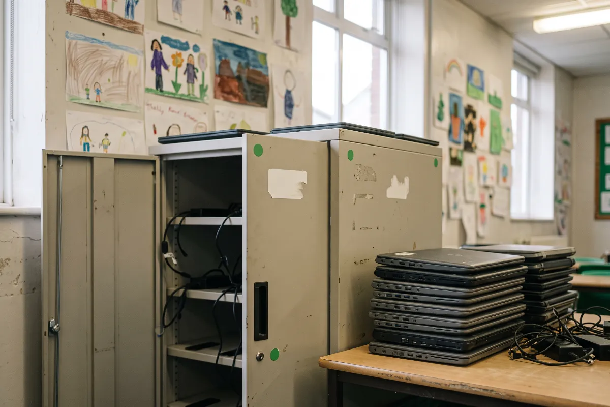 Classroom laptop charging cabinet beside a stack of school laptops